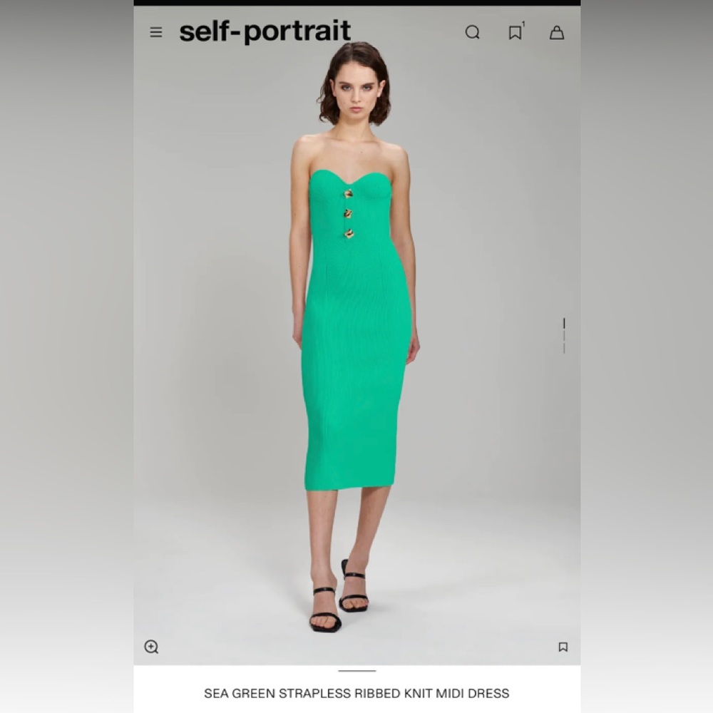 Self Portrait SEA GREEN STRAPLESS RIBBED KNIT MIDI DRESS